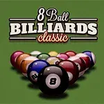 Ett arrangemang av biljardbollar i en triangel på ett grön filtunderlag med texten 8 Ball Billiards Classic ovanför