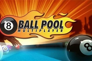 8 Ball Pool Multiplayer Texten 8 Ball Pool Multiplayer i flammande stil med en svart 8-ball och biljardbord i bakgrunden