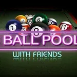 Biljardbord med flera färgglada biljardbollar och texten 8 Ball Pool with Friends i neonstil