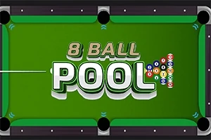 En biljardbordgrön bakgrund med texten 8 Ball Pool och en triangel av flerfärgade biljardbollar på sidan
