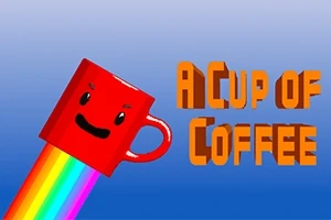 Röd kaffekopp med leende ansikte och regnbågssvans bredvid texten A Cup of Coffee mot blå bakgrund