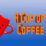 Röd kaffekopp med leende ansikte och regnbågssvans bredvid texten A Cup of Coffee mot blå bakgrund