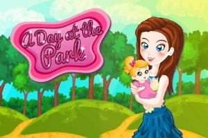 En tecknad bild av en kvinna som håller en baby i famnen med texten A Day at the Park på en rosa skylt, mot en bakgrund av gröna träd och blå himmel