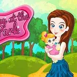 En tecknad bild av en kvinna som håller en baby i famnen med texten A Day at the Park på en rosa skylt, mot en bakgrund av gröna träd och blå himmel