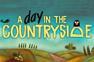 Texten A day in the countryside med en fågel och en mullvad över ett lantligt landskap i pastellfärger
