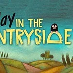 Texten A day in the countryside med en fågel och en mullvad över ett lantligt landskap i pastellfärger