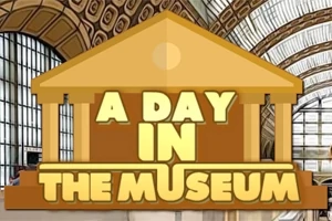 Titeltexten A Day in the Museum överlappar en bakgrund av en museuminteriör med välvda fönster och dekorativa takdetaljer