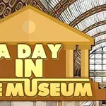 Titeltexten A Day in the Museum överlappar en bakgrund av en museuminteriör med välvda fönster och dekorativa takdetaljer