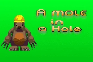 En illustration av en mullvad med hjälm och texten A mole in a hole på grön bakgrund