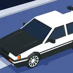 En stiliserad vit bil med svart motorhuv och vinge kör på en blå väg