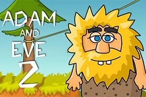 Tecknad figur med gulaktigt hår och skägg, iklädd brun dräkt, med ett träd i bakgrunden och texten Adam and Eve 2