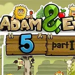 Tecknad bild med texten Adam & Eve 5 part II och figurer som inkluderar en man med skägg, en kvinna, en fågel och en dödskalle på en bakgrund med träd och buskar