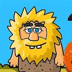 En tecknad man med gul skägg och en orange, lurvig varelse med ett öga står tillsammans mot en blå himmel