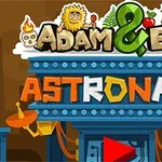 Tecknad bild med texten Adam & Eve Astronaut i färgglada bokstäver och olika figurer runt omkring