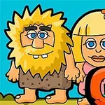 Tecknade figurer föreställande en man med skägg och en kvinna med blont hår, samt bokstäverna GO