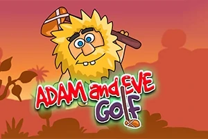 Tecknad figur med stor gul hår och skägg håller en träklubba mot en bakgrund av solnedgång och palmer, med texten ADAM and EVE GOLF i förgrunden