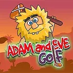 Tecknad figur med stor gul hår och skägg håller en träklubba mot en bakgrund av solnedgång och palmer, med texten ADAM and EVE GOLF i förgrunden
