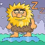 Tecknad grottman med långt skägg, slutna ögon och Zzz ovanför huvudet, stående på en blå plattform