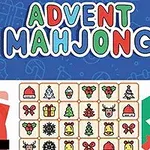 Två tecknade tomtar bredvid ett rutnät med julikoner och texten Advent Mahjong ovanför