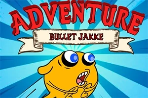 Tecknad gul figur med stora ögon och öppen mun mot en blåstreckad bakgrund, med texten ADVENTURE BULLET JAKKE ovanför