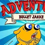 Tecknad gul figur med stora ögon och öppen mun mot en blåstreckad bakgrund, med texten ADVENTURE BULLET JAKKE ovanför