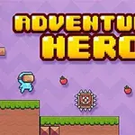 Färgglad pixelkonst med texten Adventure Hero, en figur i blå dräkt, jordplattformar, jordgubbar och en spikfälla på lila bakgrund