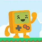 En orange och grön spelkonsolfigur med ansikte och lemmar står glatt på en grön plattform mot en blå himmel med vita moln