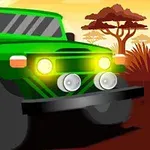 Grön jeep med starka lysen kör genom soligt afrikanskt landskap med träd i bakgrunden