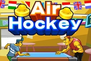 Två tecknade karaktärer spelar air hockey under internationella flaggor