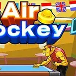 Två tecknade karaktärer spelar air hockey under internationella flaggor