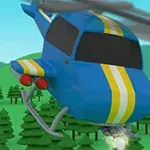 En blå och gul helikopter med vita detaljer flyger över en skogsdunge