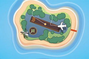 Ö med flygfält, skog och två flygplan, omgiven av blått vatten