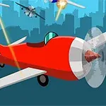 Ett rött propellerflygplan i luften attackeras av andra flygplan med skott som orsakar en brand på flygplansvingen, mot en stadssilhuett i bakgrunden