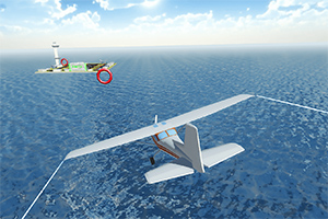 Ett litet flygplan flyger över havet mot en ö med en fyr och byggnader i bakgrunden