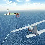 Ett litet flygplan flyger över havet mot en ö med en fyr och byggnader i bakgrunden