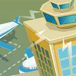 Flygplats med två flygplan på en landningsbana och en kontrolltornbyggnad i förgrunden