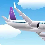 Ett animerat flygplan flyger genom en klarblå himmel med moln