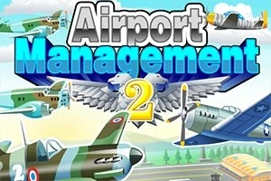 Flera tecknade flygplan i olika färger flyger över en flygplats med texten Airport Management 2 i bakgrunden