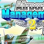 Flera tecknade flygplan i olika färger flyger över en flygplats med texten Airport Management 2 i bakgrunden