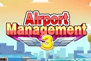 Texten Airport Management 3 i rött och gult med en bakgrund av en stadssilhuett och flygplatsdetaljer