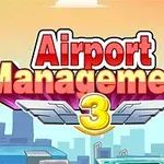 Texten Airport Management 3 i rött och gult med en bakgrund av en stadssilhuett och flygplatsdetaljer