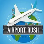 Ett tecknat flygplan svävar över en jordglob med texten Airport Rush på en skylt framför