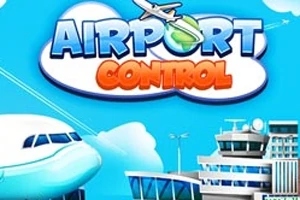 En tecknad bild med ett flygplan, ett flygledartorn, och ordet Airport Control mot en blå bakgrund