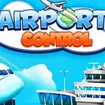 En tecknad bild med ett flygplan, ett flygledartorn, och ordet Airport Control mot en blå bakgrund