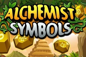 Texten Alchemist Symbols i en gul och vit färg med gröna bladdekorationer och gyllene hexagonala symboler på en bakgrund med en trappstegspyramid
