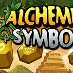 Texten Alchemist Symbols i en gul och vit färg med gröna bladdekorationer och gyllene hexagonala symboler på en bakgrund med en trappstegspyramid