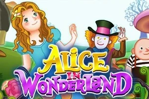 Tecknade figurer i en fantasivärld med texten Alice in Wonderland i färgglad stil