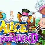Tecknade figurer i en fantasivärld med texten Alice in Wonderland i färgglad stil