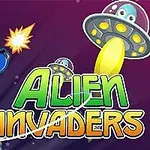 Tecknad robotfigur i rymdräkt som skjuter mot flygande tefat på en lila bakgrund med texten ALIEN INVADERS