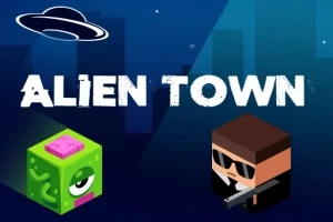 En färgglad illustration med texten ALIEN TOWN, föreställande ett grönt tecknat monster med ett öga och en man i solglasögon som håller ett gevär, med en flygande tefat på en natthimmel i bakgrunden